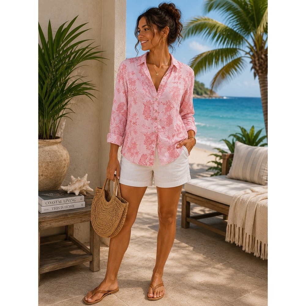Cynthia Rowley Pink 100% Linen Tropical Print Button Down Shirt Coastal Resort M